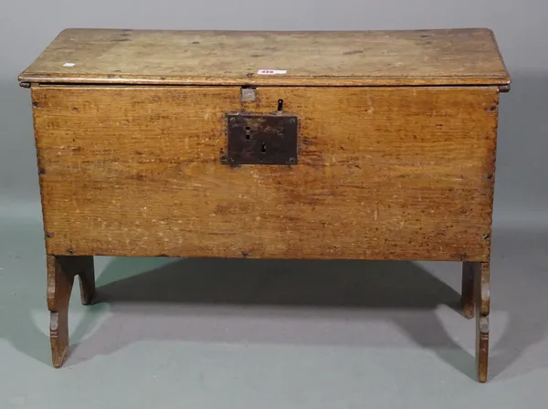 A 17th century oak five plank coffer, with chip work decoration, 87cm wide x 60cm high. G9