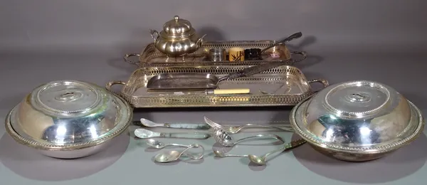 Silver plated wares, including; a pair of rectangular galleried trays, entree dishes and sundry, (qty).  S3T