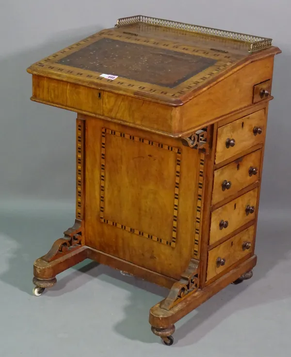 A late Victorian inlaid walnut Davenport with four side drawers, 54cm wide x 81cm high.  BAY 2