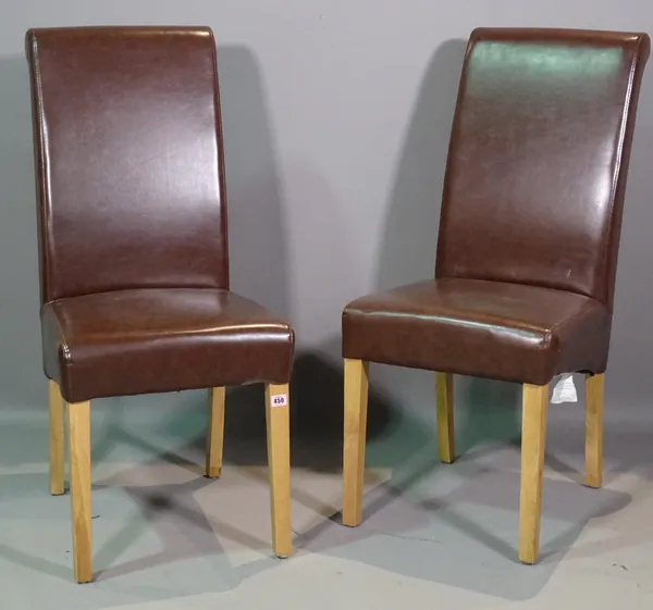 A set of six 20th century beech framed and leather upholstered dining chairs, (6).   H9