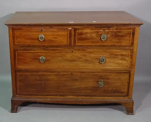 An Edwardian mahogany and inlaid chest with two short and two long drawers, 107cm wide x 80cm high.   F6