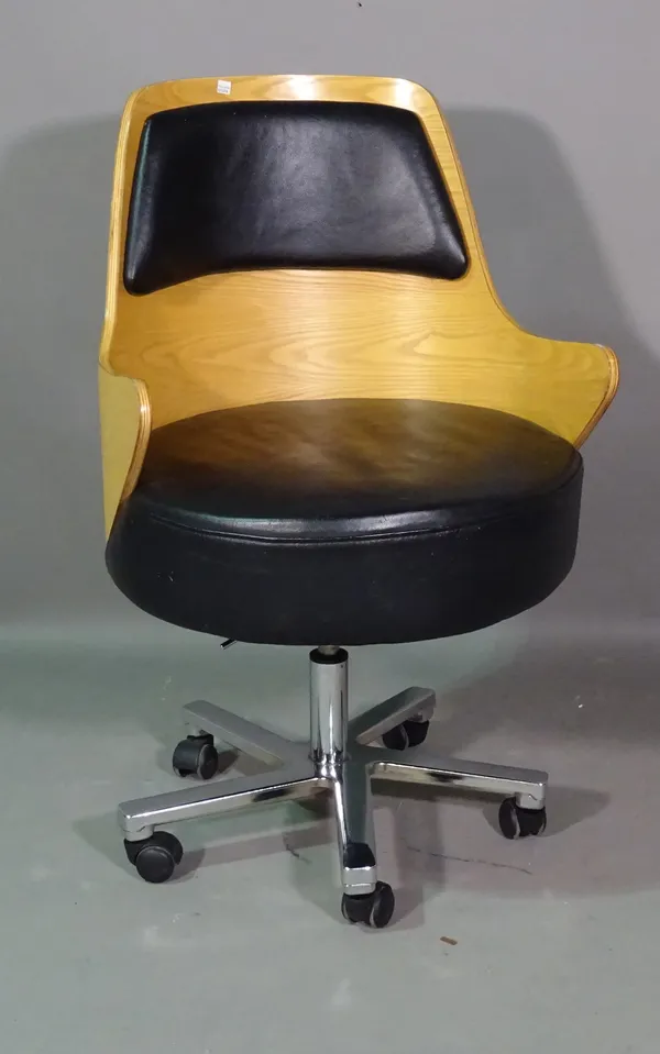 A 20th century beech framed office chair with faux black leather seat.   H6