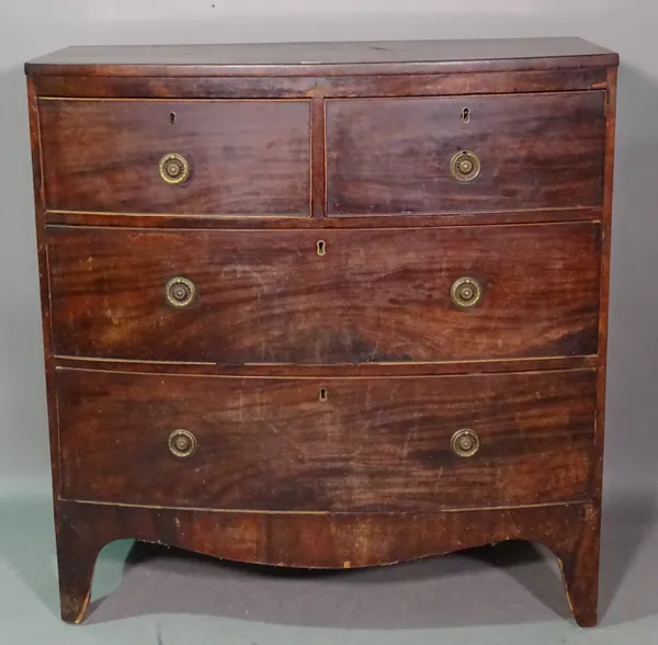A George III mahogany bowfront chest of two sort and three long drawers, 95cm wide x 98cm high.   F8