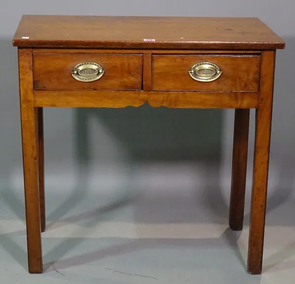 A late 18th century oak two drawer side table on block supports, 76cm wide x 73cm high.   I7