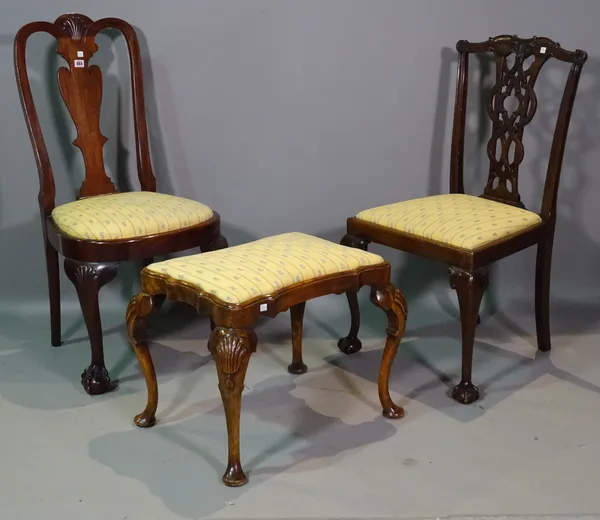 A Queen Anne style mahogany vase back dining chair, a George III style dining chair and a Queen Anne style walnut serpentine footstool on pad feet, 60