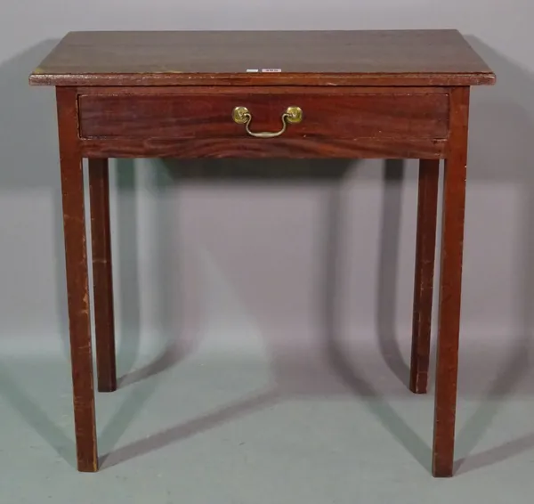 A mid-18th century mahogany single drawer side table on square supports, 76cm wide x 74cm high.  BAY 1