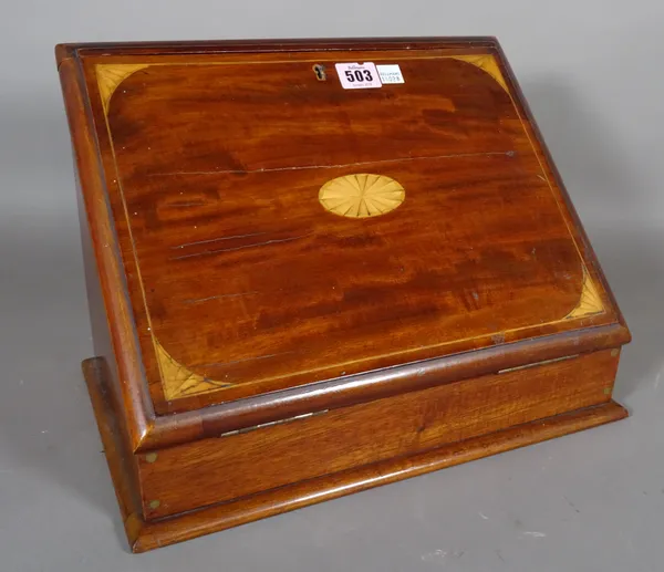 An Edwardian inlaid mahogany slope front stationary box with fitted interior, 36cm wide x 25cm high.   K8