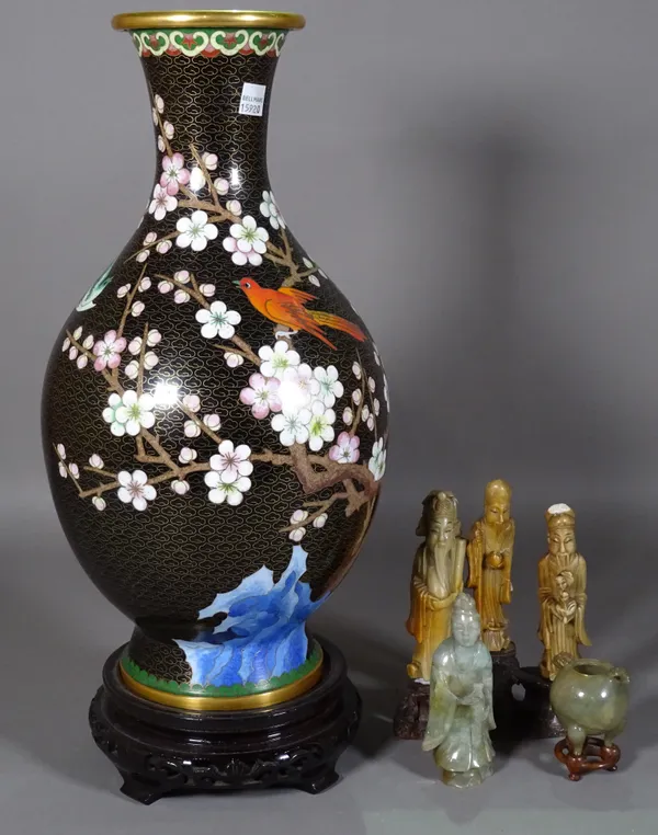 Asian collectables, including; a 20th century cloisonne vase and a group of hardstone items, (qty).  S3T
