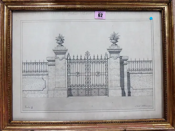 A group of five, including; a pen and ink drawing of Gates at Villa Paoletti, a hand coloured engraving of gates, an engraving of cherubs, an engravin