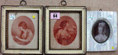 After Angelica Kauffman, Classical women, a pair of sanguine stipple engravings, each 12cm x 10cm, together with a piano key framed miniature print, (