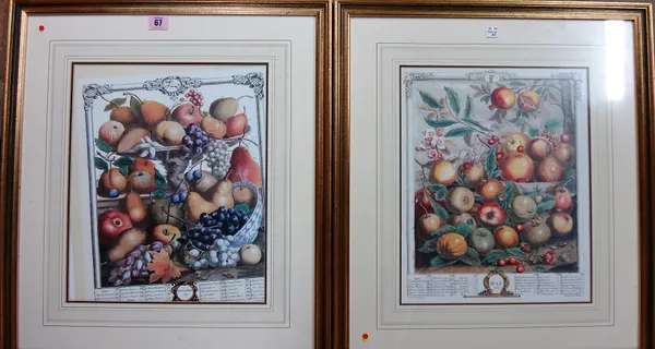 After Casteels, May, November, two reproduction prints, together with two humorous etchings by 'Tim' of wine and vegetable subjects, (2).  J1