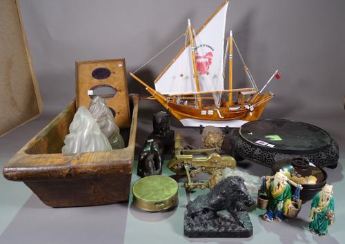 A quantity of collectables including a Chinese hardwood stand, a pair of bronze early 20th century wall lights with opaque shades, three modern bronze