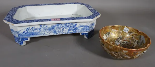 An Asian blue and white rectangular jardiniere and a Satsuma bowl, (qty).  CAB