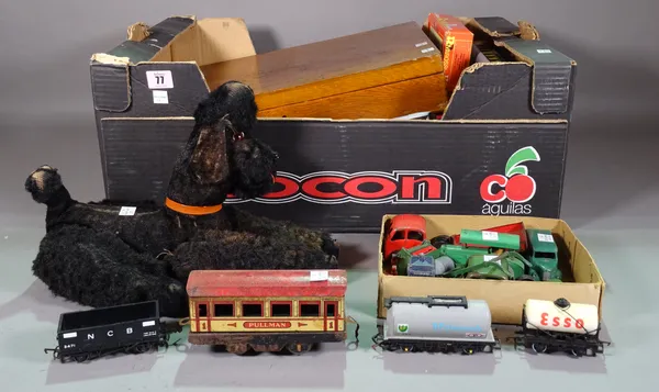 A quantity of toys including pre-war Dinky die-cast vehicles, a boxed Meccano set, OO gauge railway coaches and wagons, a stuffed toy dog and sundry.