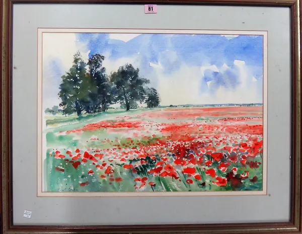 Nina C Grove, (late 20th century) Poppy field; Barn interior, two watercolours, both signed, one dated 1898, the larger, 40cm x 56cm, (2).  J1