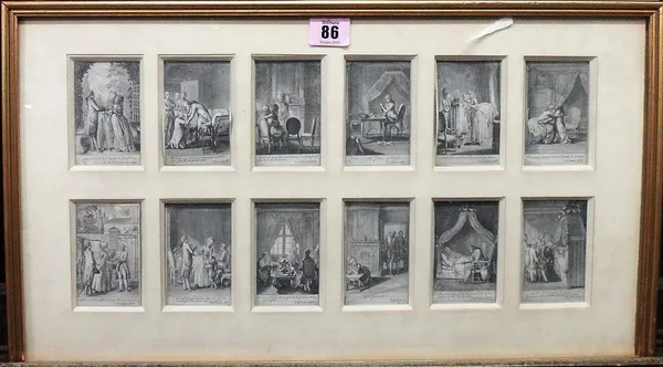T. I. Lettre (18th century), A set of twelve engravings, framed as one, each 9cm x 5cm.  H1