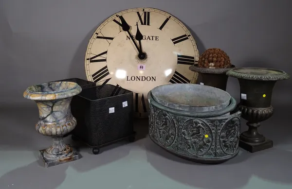 Collectables, including; a 20th century convex metal wall clock, a pair of cast iron urn shaped jardinieres, an ebonised copper jardiniere and sundry,