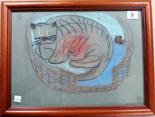 ** Jarman? (20th century), Study of a cat in a basket, coloured chalks, 26cm x 36.5cm.  M1