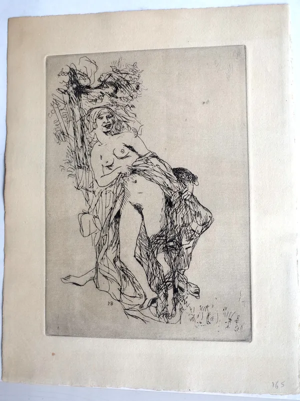 Pierre Bonnard (French, 1867-1947); Nude by a tree, etching, approximately 24 by 17cms; and another Cat and Dog on Terrace, 28.5 by 22.5cms (2).