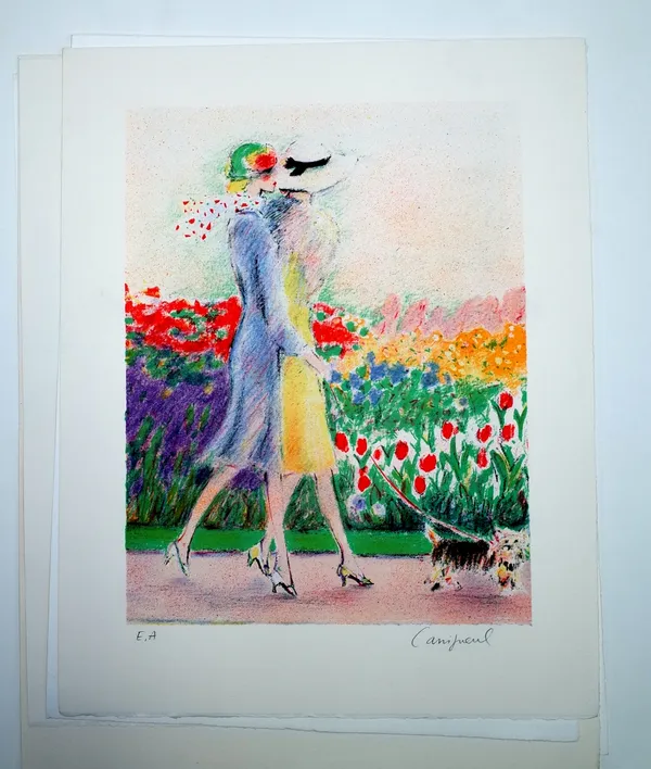 Jean-Pierre Cassigneul (French 1935- ), Sur le Banc, colour lithograph, signed, E.A, approximately 19.5 by 19.5cms and five other prints by the same a
