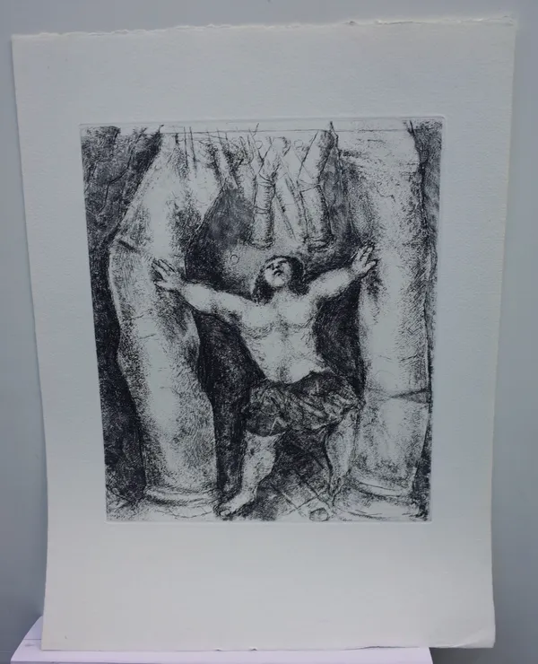 Marc Chagall (Franco-Russian 1887-1985), Samson breaking The Columns, plate 57 from The Bible, etching, approximately 29 by 24.5cms; and another Samso