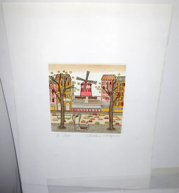 Christine Chagnoux (French 1939- ), Moulin Rouge, colour etching, signed and numbered X/MD, approximately 14.5 by 14.5cms; and three others by the sam