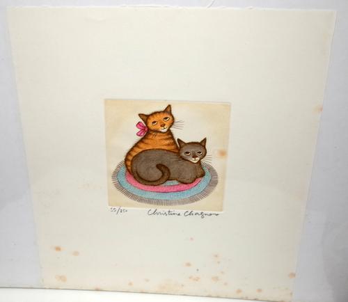 Christine Chagnoux (French 1939- ), Les Deux Chats Tapis Rond, coloured etching, signed and numbered 55/250, approximately 11 by 11cms; and four other