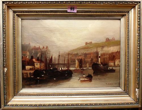 T** Ginstey? (early 20th century), Coastal scenes off Whitby, a pair, oil on canvas, both indistinctly signed, each 24cm x 34.5cm.(2)  H1