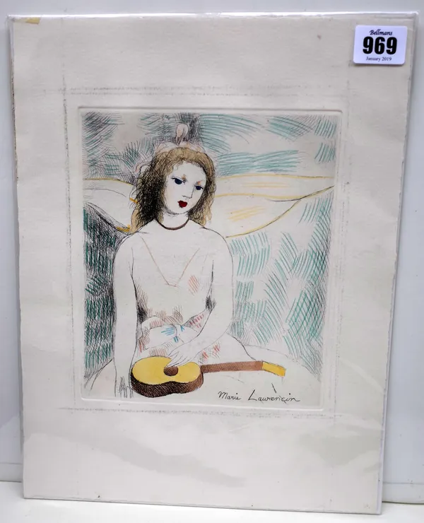 Marie Laurencin (French 1883-1956), Jeune fille à la guitare, 1946 (Marchesseau, 238), colour lithograph, approximately 19.5 by 16cms. DDS