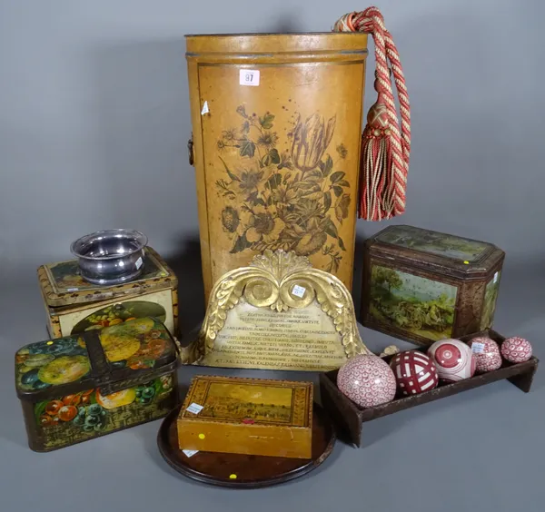 Collectables, including; biscuit tins, wooden boxes, lamps, tole peinte stick stand, decorative pottery bowls and sundry, (qty).  S2B