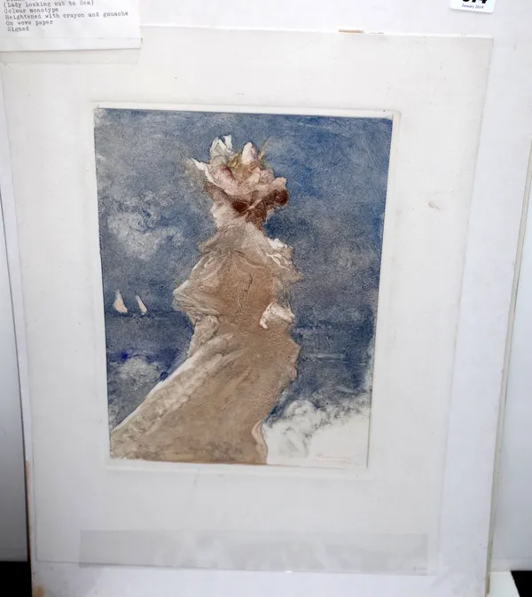 Pompeo Mariani (Italian 1857-.1927), Donna Che Guarda il Mare, colour monotype, signed, approximately 30.5 by 22cms; and another print by the same art