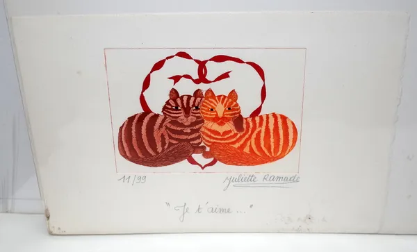 Juliette Ramade (French Contemporary), Je t'Aime (cats), etching, signed and numbered 11/99, approximately 10.5 by 14.5cms; and four others similar by