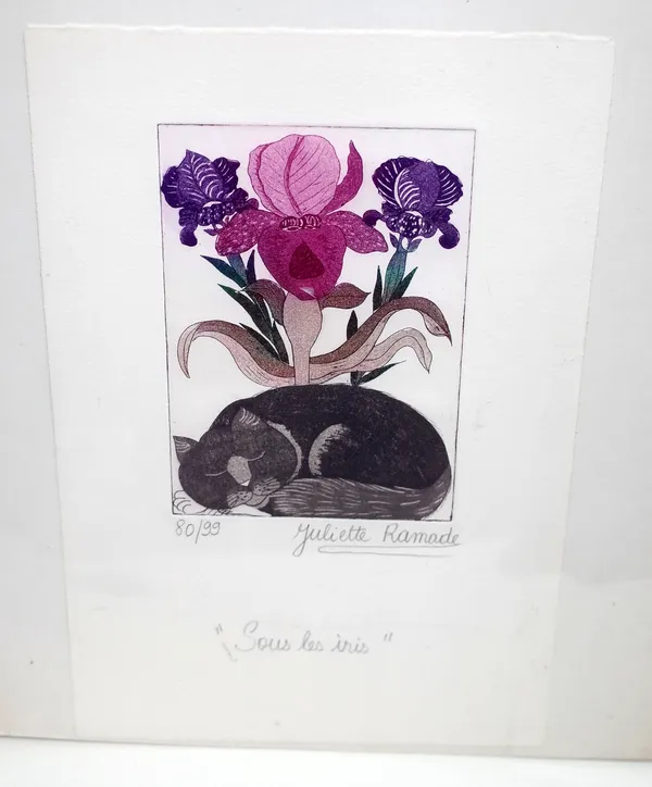 Juliette Ramade (French Contemporary), Sous les Iris (cats), etching, signed and numbered 80/99, approximately 14.5 by 10cms; and three others similar