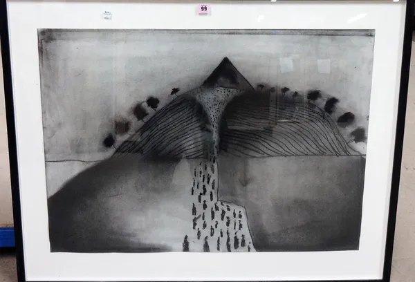 Christopher Calvin Cartwright (contemporary), Monkey temple 1999, charcoal, inscribed on label on reverse, 59cm x 83cm.  H1
