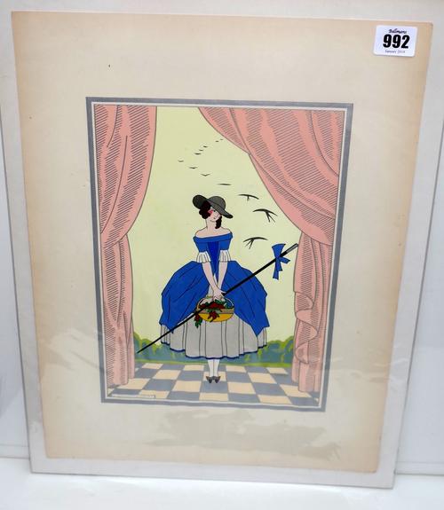 R St Maurice (French early 20th century), Jolie Bergere, pochoir, approximately 28.5 by 21cms; and another pochoir of the same period by an unknown ar