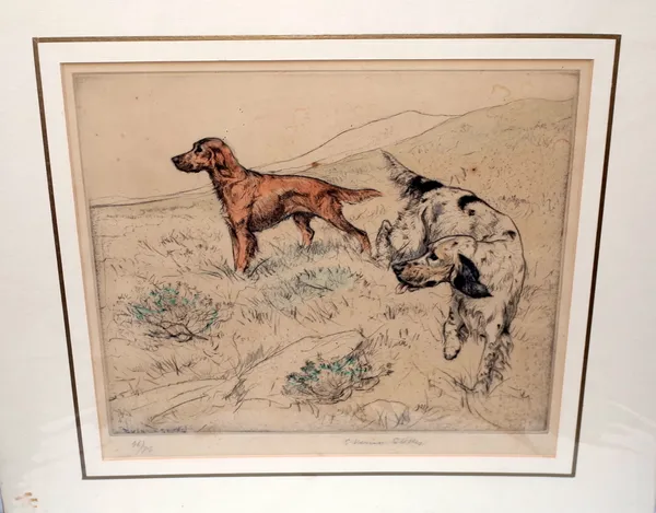 George Vernon Stokes (1873-1954), Two Setters, colour etching, signed, 46/75, approximately 28.5 by 24cms; and two others similar by the same artist (
