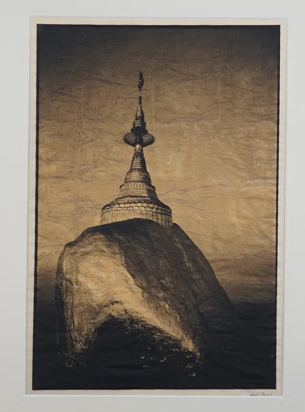 NICK ROSS  (Contemporary)  Temple on a mound, 2010;   three platinum prints on vellum paper and gold leaf, the largest image 40cm x 26.7cm within moun