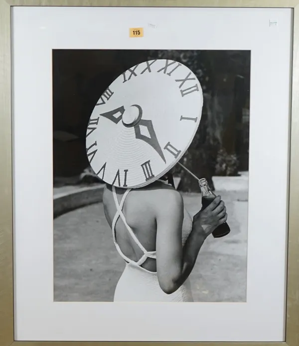 FINE ART PRINT:  Lady wearing a sundial design hat, black and white print, 59.5cm x 46cm within mount, Quintessa Art Collection Limited, 2008 label on