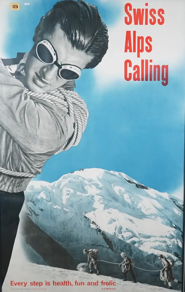 HANS AESCHBACH  (1911 - 1999)  'Swiss Alps Calling', ca. 1951:  a coloured lithographic poster from the Swiss National Tourist Office, Zurich, 101cm x