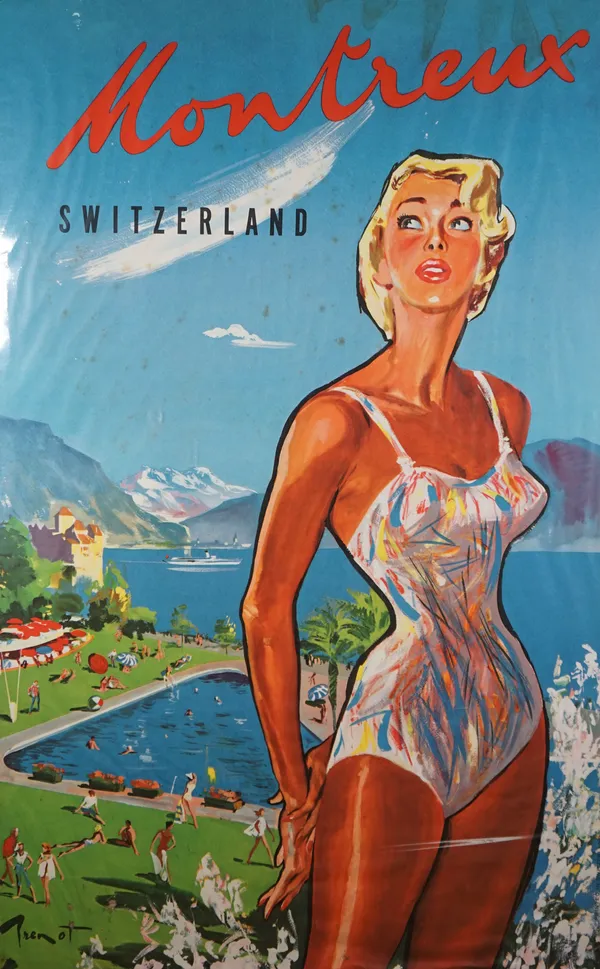 TOURISM POSTER:  Montreux, Switzerland, ca. 1960, colour lithograph, artwork by Pierre Laurent Bernot, printed Klausfelder, Vevey, Switzerland, 102cm