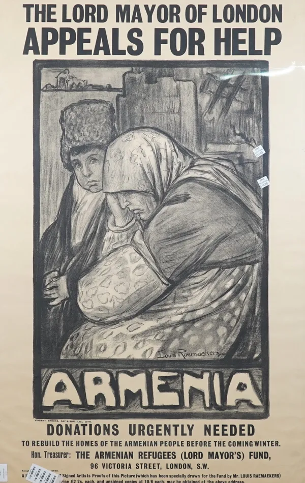 WW1 APPEAL POSTER:   'The Lord Mayor London's Appeal for Help for the Armemian People', ca. 1915, lithograph, artwork by Louis Raemaeker, printed Vinc