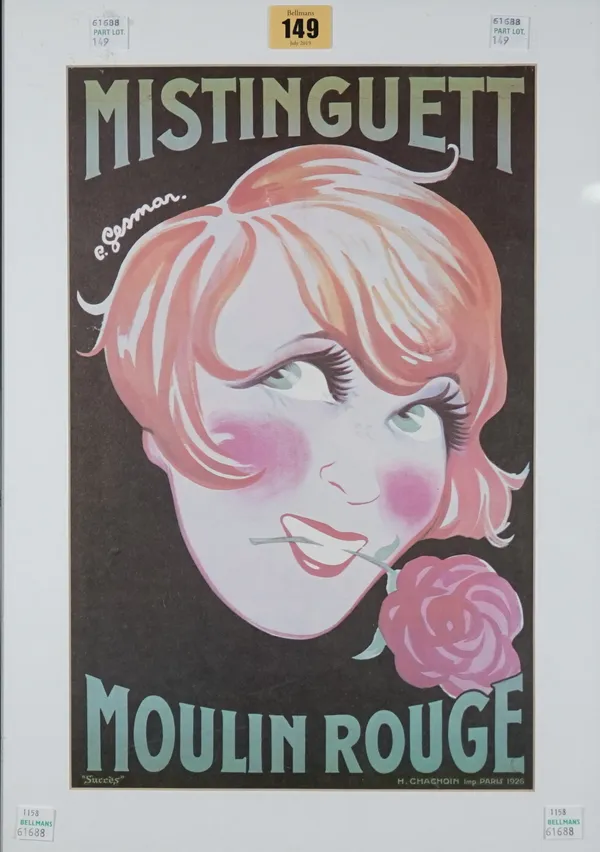 FRENCH THEATRICAL POSTERS (1924 -1925):  two colour lithographs, featuring French actress and dancer Mistinguett, artworks by Charles Gesmar;  'Bonjou
