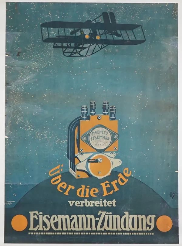 GERMAN WW1 PROPAGANDA POSTER:  Eisemann - Zundung, Magneto Eisemann, propaganda Stuttgart, colour lithograph on linen, 75cm x 57cm, unframed. 5360