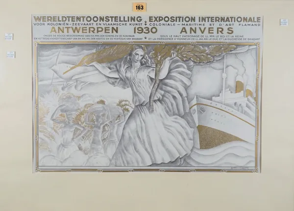 EXHIBITION POSTER, 1930:  Wereldtentoonstelling Exhibition Internationale, Antwerp, gold and silver colour lithograph, artwork Anto. Carte, 39cm x 56.
