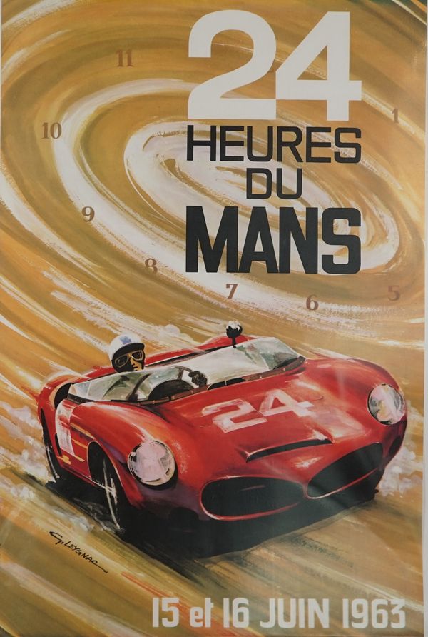 24 HEURES DU MANS, 1963 - colour lithograph on linen, artwork G. Leygnac, printed Thivillier, 58cm x 40cm, unframed. 832