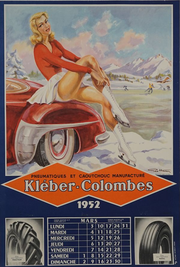 VINTAGE ADVERTISING POSTER:   Kleber Colombes Tire Company, 1952, colour lithograph, on linen, artwork Geo Ham, 62cm x 41.7cm, unframed. 4937