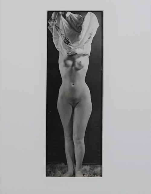 DORA MAAR (1907 - 1997)   Untitled: nude taking off robe, ca. 1930s.  vintage gelatin silver print, mounted, estate sale stamp 'Atelier Dora Maar 1907