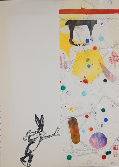 BUGS BUNNY, 1993:  mixed media, pencil, gouache collage on lithograph, after Alighiero e Boeti, 70cm x 50cm, unframed. 1646