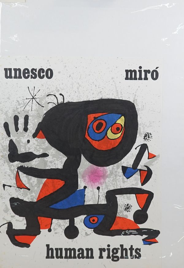 JOAN MIRO  (1893 - 1983)  a pair of colour lithographs, including Copa del Mundo de Futbot, 1982, 95.2cm x 60.5cm, and Unesco Human Rights, 1974, 74cm