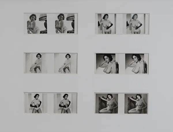 HARRISON MARKS:  GLAMOUR AND NUDES, 1960s. a collection of 102 black and white stereographs, mounted within 9 common boards, (eight with 12 images, an